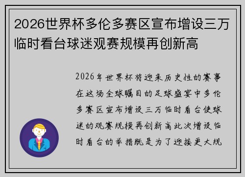 2026世界杯多伦多赛区宣布增设三万临时看台球迷观赛规模再创新高