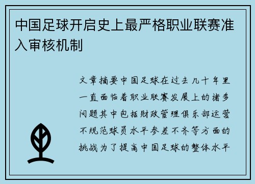 中国足球开启史上最严格职业联赛准入审核机制
